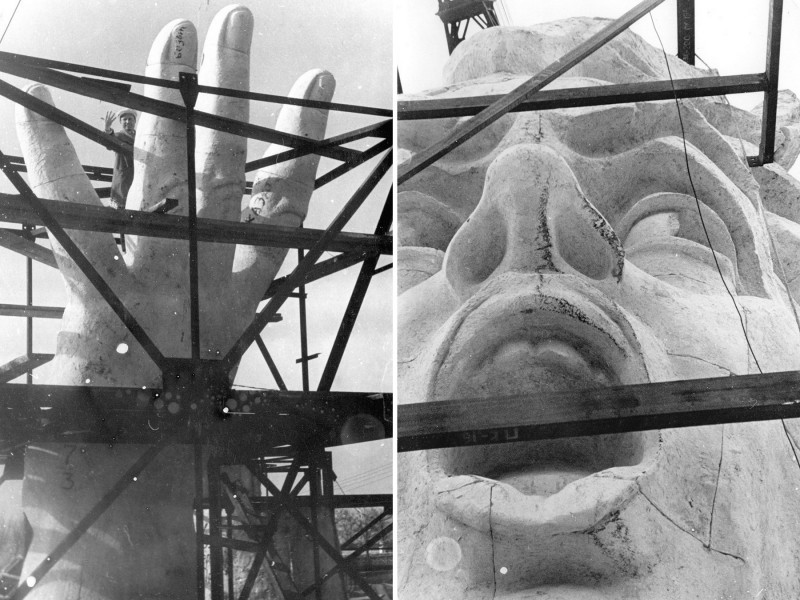 На каком-то форуме РЖД посчастливилось добыть отличные фотографии периода строительства монумента.