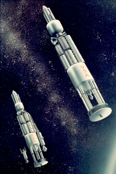 ​Два взрыволёта «Orion» готовятся к полёту на Марс. Архивная иллюстрация из коллекции Скотта Лоузера aerospaceprojectsreview.com - Взрыволётный «Орион» | Warspot.ru