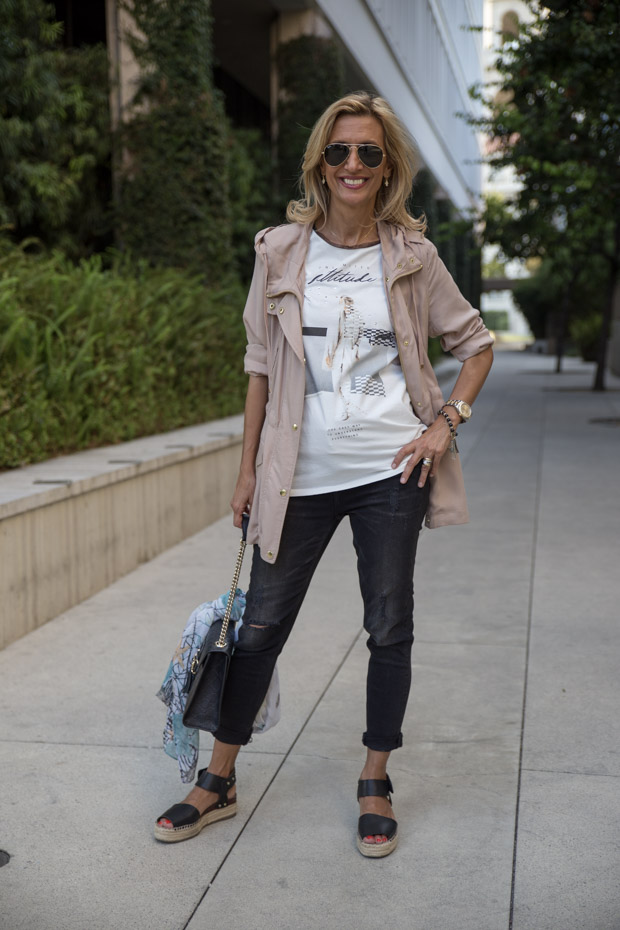 casual look with tan cargo jacket grifflin t shirt