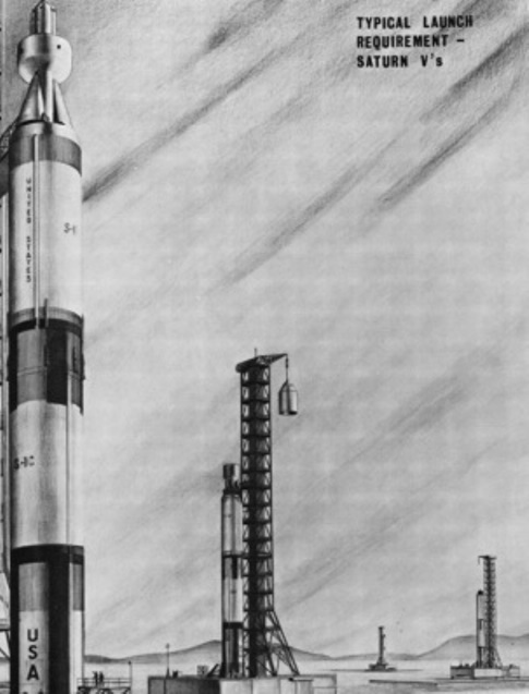 ​Стартовый комплекс ракет-носителей «Saturn V» при подготовке к запуску на орбиту модулей межпланетного корабля «Orion». Архивная иллюстрация из коллекции Скотта Лоузера aerospaceprojectsreview.com - Взрыволётный «Орион» | Warspot.ru