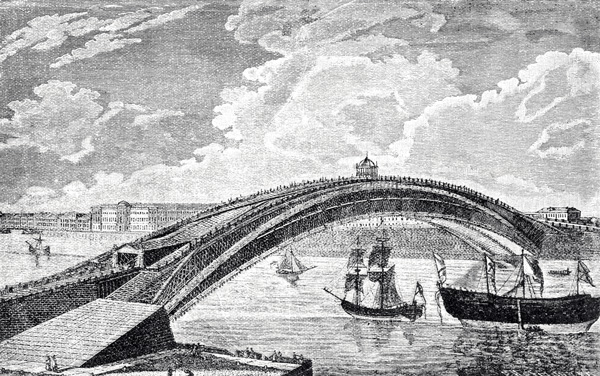 Знаменитый однопролетный мост через Неву — как он мог бы выглядеть, если бы был построен. Его расчет Кулибин выполнял на моделях, в том числе в масштабе 1:10.