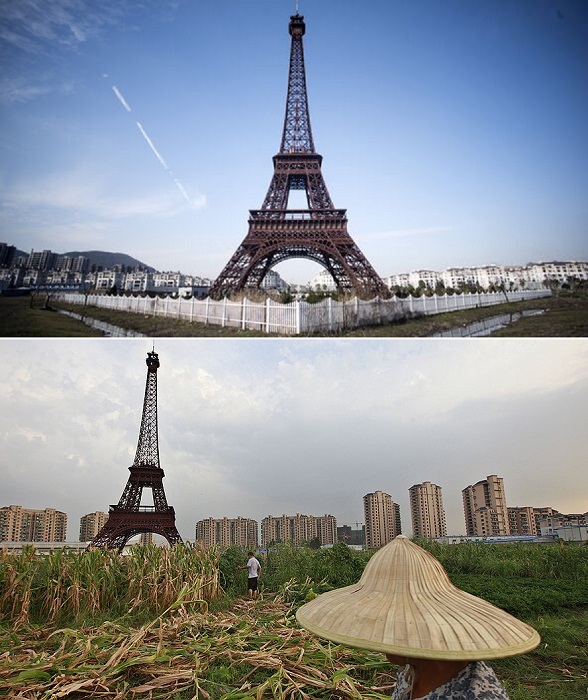 В 2007 году в Китае построили целый город, который должен был выглядеть как Париж, но копия Эйфелевой башни выглядит особенно правдоподобно (Тяньдучэн).