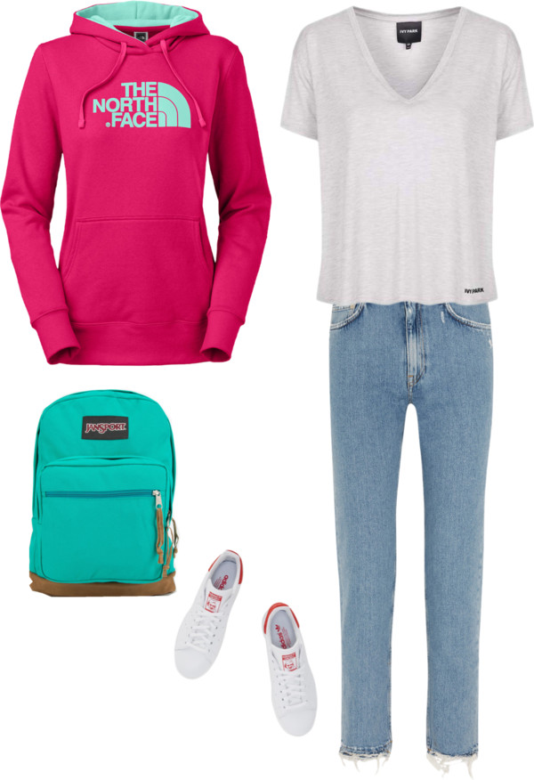COLORFUL HOODIE JACKET / LIGHT GRAY V-NECK T-SHIRT / LIGHT-WASH JEANS / COLORFUL BACKPACK / WHITE SNEAKERS