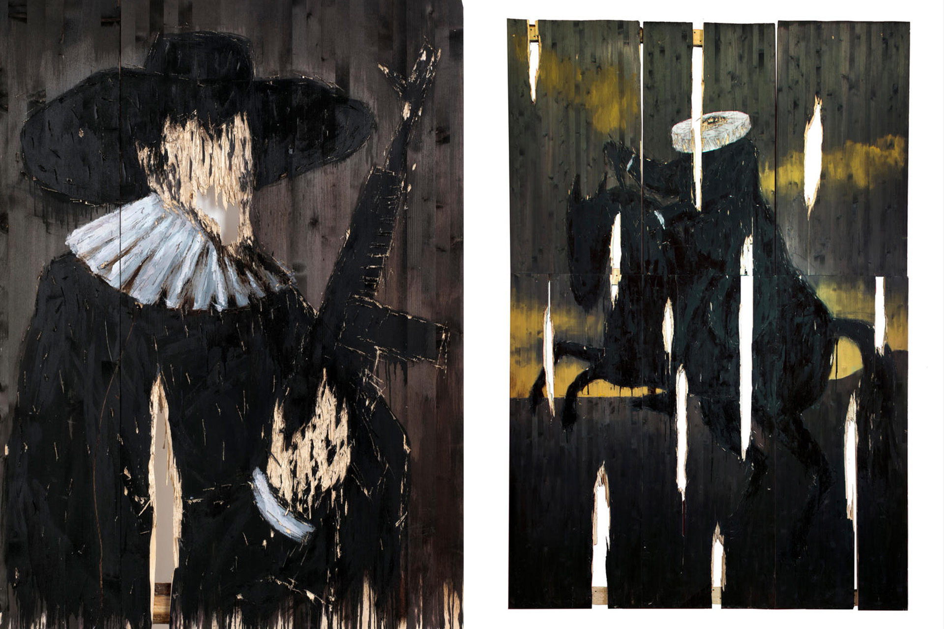 Слева: Деревянный голландский портрет номер 45, 2023 год; справа: парадный конный портрет без головы, 2023 год