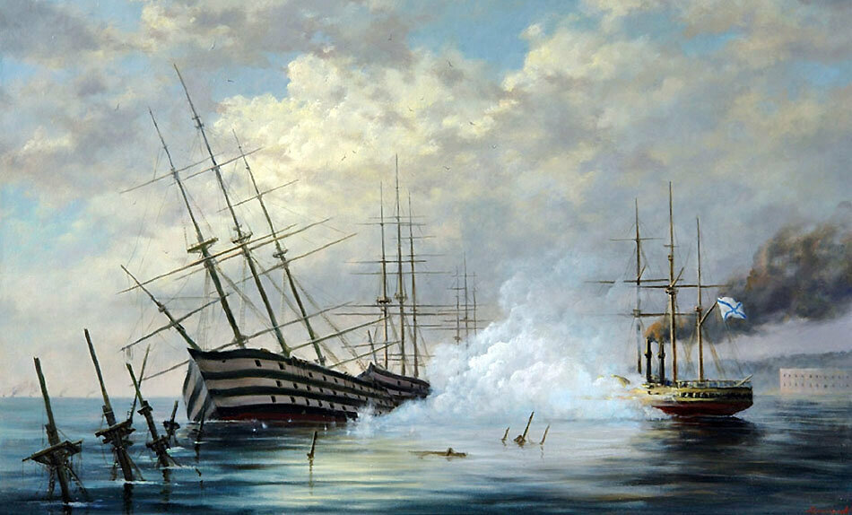 Затопление адмиралом Нахимовым кораблей в Севастопольской бухте - 1855 г. Картина Георгия Дмитриева.