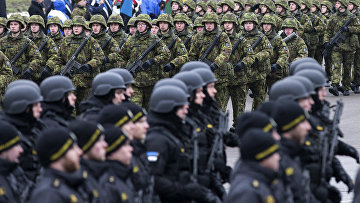 Эстонские солдаты принимают участие в параде в Нарве, посвященном годовщине независимости Эстонии