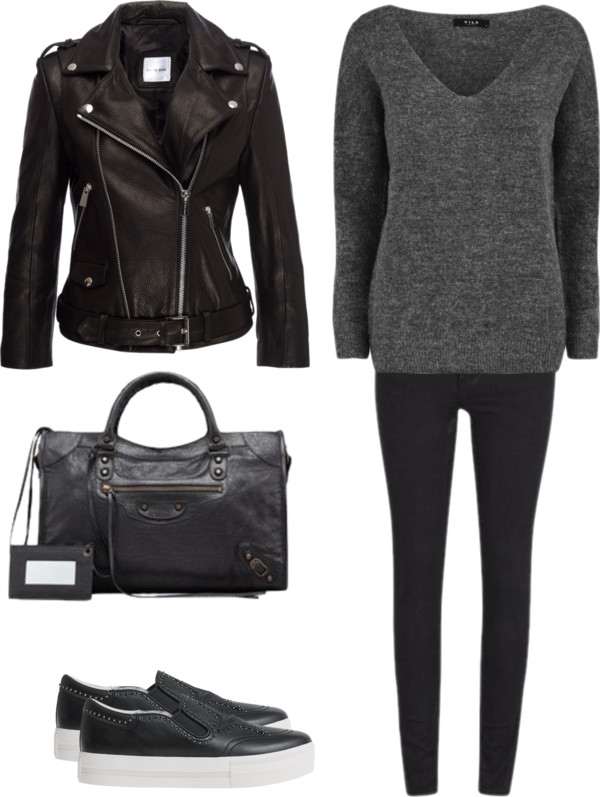 BLACK FAUX LEATHER JACKET / MARBLED LONG-SLEEVED SHIRT / BLACK JEANS / BLACK LEATHER MOTO BAG / BLACK LEATHER SLIP-ON SNEAKERS