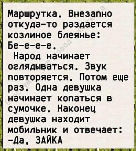 Возможно, это изображение (один или несколько человек и текст «мартрутка. внезапно откуда-то раздается козлиное блеянье: бе-е-е-е. народ начинает оглядываться. звук повторяется. потом еще раз. одна девушка начинает копаться в сумочке. наконец девушка находит мобильник и отвечает: -Ð”a°, зайка»)