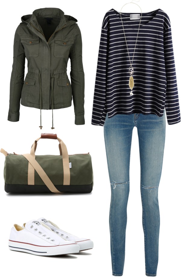 OLIVE GREEN UTILITY JACKET / STRIPED LONG-SLEEVED SHIRT / LONG NECKLACE / MEDIUM-WASH JEANS / CANVAS DUFFLE BAG / WHITE SNEAKERS