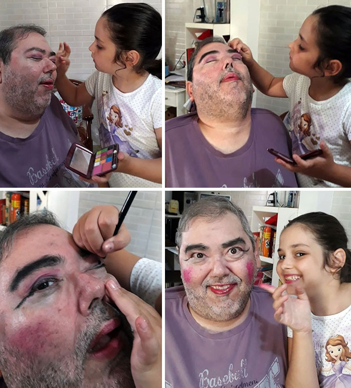 девочка наносит макияж отцу
