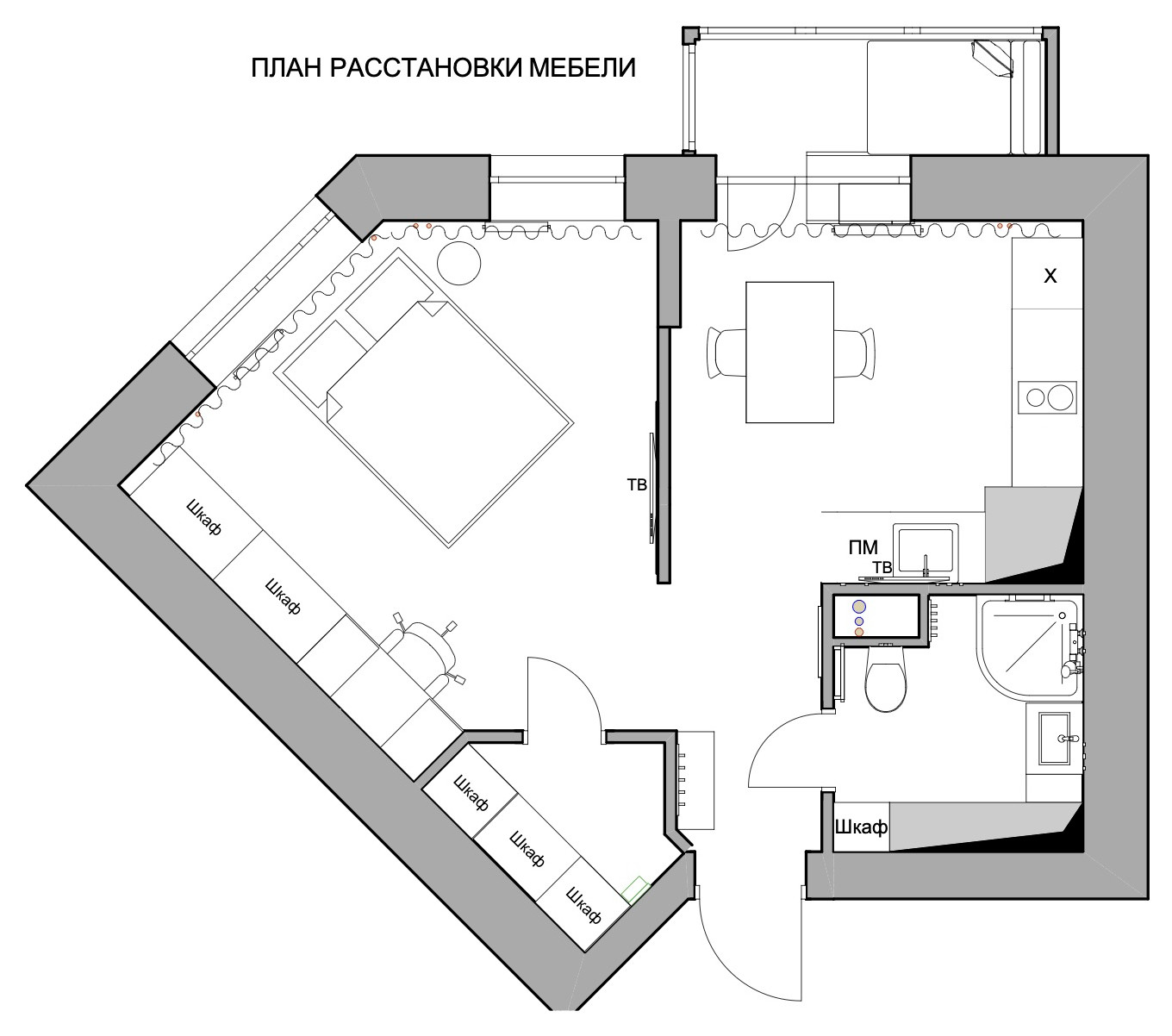 Планировка пятиугольной комнаты с двумя окнами