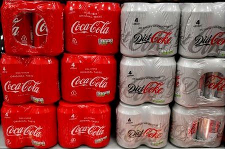 Multi can packs of Coca Cola and Diet Coke are seen for sale in a motorway services shop, Reading, Britain, January 25, 2019. REUTERS/Peter Cziborra/File Photo 