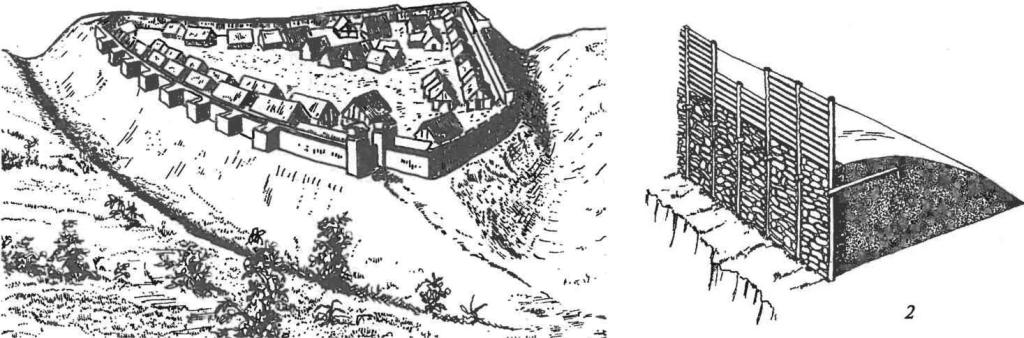 Гальштатская культура. Поселения (реконструкция): 1 — городище Гейнебург; 2 — гальштатская оборонительная стена в разрезе
