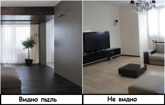 На темных полах сильнее заметна пыль и прочий мусор