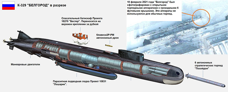   Носитель «Посейдона» - атомная подводная лодка пятого поколения «Белгород». Она способна нести до 6 суперторпед.