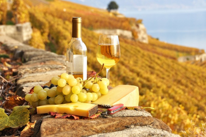 Пикник по-французски: вино, сыр, виноград.