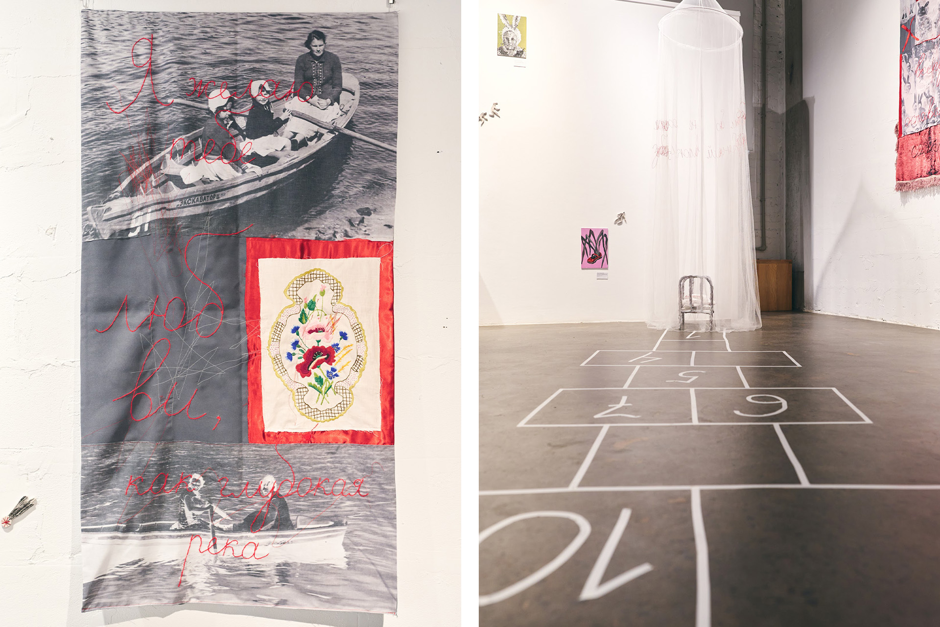 Слева: текстильное панно из серии «Я желаю тебе» / инсталляция «Путь»