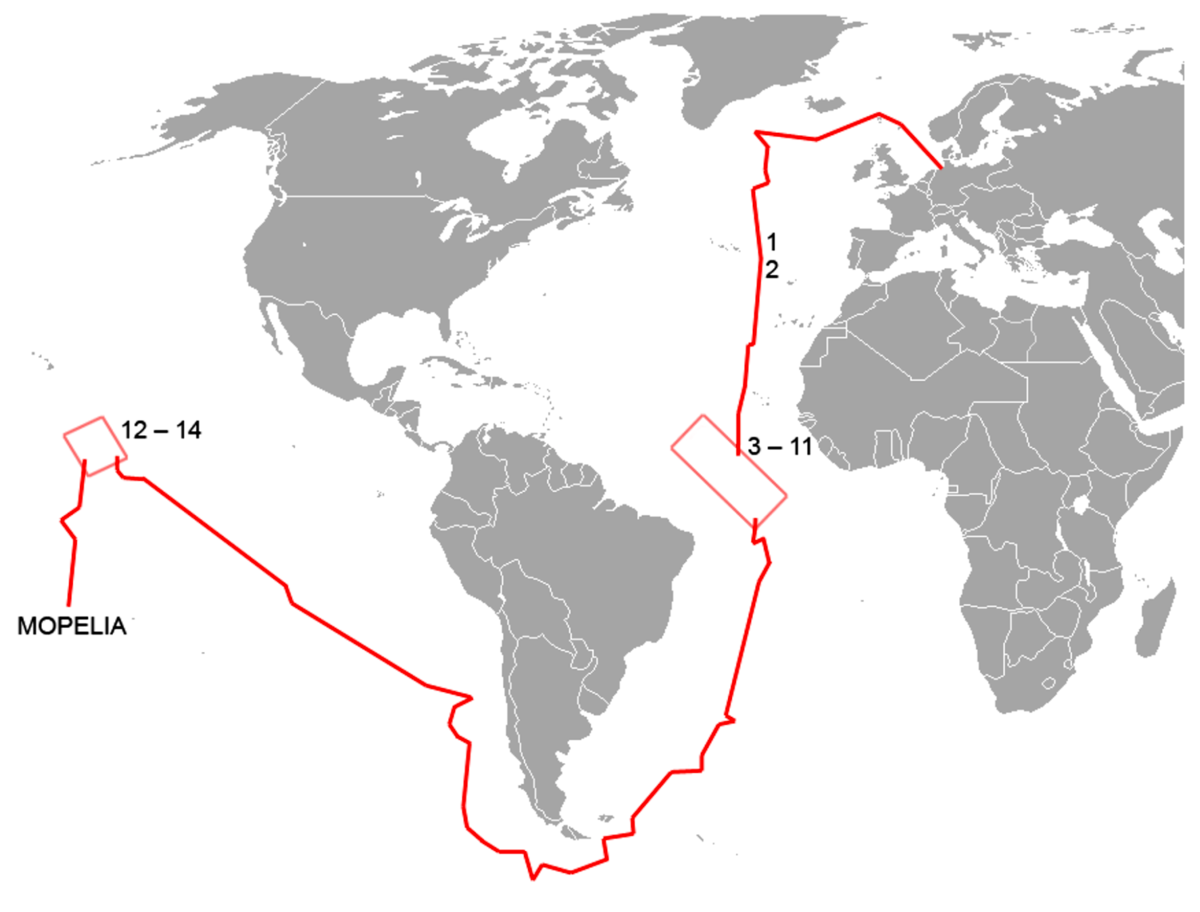Маршрут SMS Seeadler и районы в которых были захвачены корабли и суда (1-2  Северная Атлантика, 3-11 Центральная Атлантика, 12-14 Тихий океан).