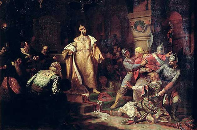 Картина Н. С. Шустова «Иван III свергает татарское иго, разорвав изображение хана и приказав умертвить послов» (1862)