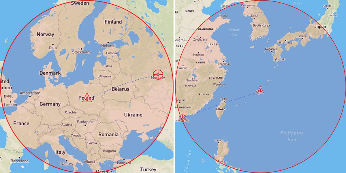 Досягаемость БРСД радиусом действия 1500 км в Восточной Европе и с Окинавы