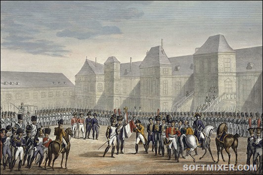The abdication of Napoleon and his departure from Fontainebleau for Elba, 20th April 1814. The defeat at the Battle of Leipzig and the subsequent invasion of France by the Allies culminated in Napoleon's abdication on 11 April. By the Treaty of Fontainebleau he was exiled and granted sovereignty of the island of Elba.