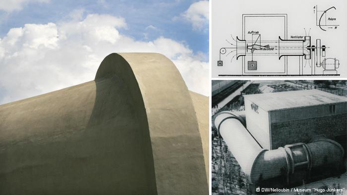 Сохранившийся фрагмент аэродинамической трубы в Дессау. Историческая фотография и проект.