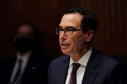Steven T. Mnuchin, Secretary, Department of the Treasury during the Senate's Committee on Banking, Housing, and Urban Affairs hearing examining the quarterly CARES Act report to Congress, in Washington, DC, U.S., September 24, 2020. Toni L. Sandys/Pool via REUTERS