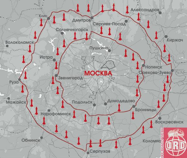 Для воздушный обороны столицы в начале 50-х было создано двойное кольцо стационарных ракетных комплексов и построены соединяющие их дороги. На этой карте отмечены позиции системы С-25. 
