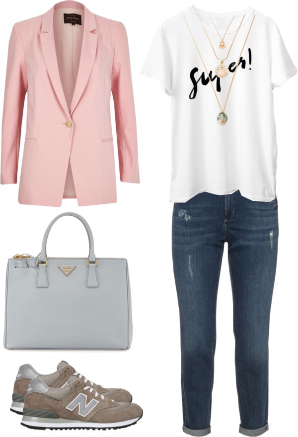 BLUSH BLAZER / WHITE STATEMENT SHIRT / 3-TIER GOLD NECKLACE / DARK-WASH JEANS / GRAY LEATHER TOTE BAG / GRAY SNEAKERS