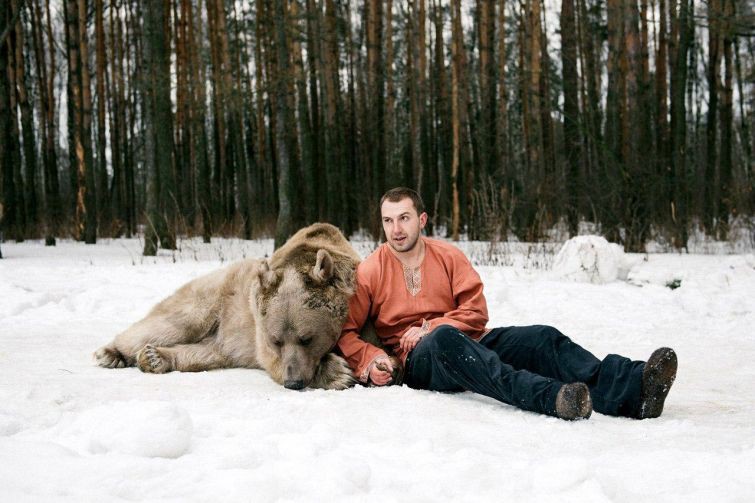 Фотографии моделей с 650-килограммовым медведем в заснеженном лесу медведь, фото