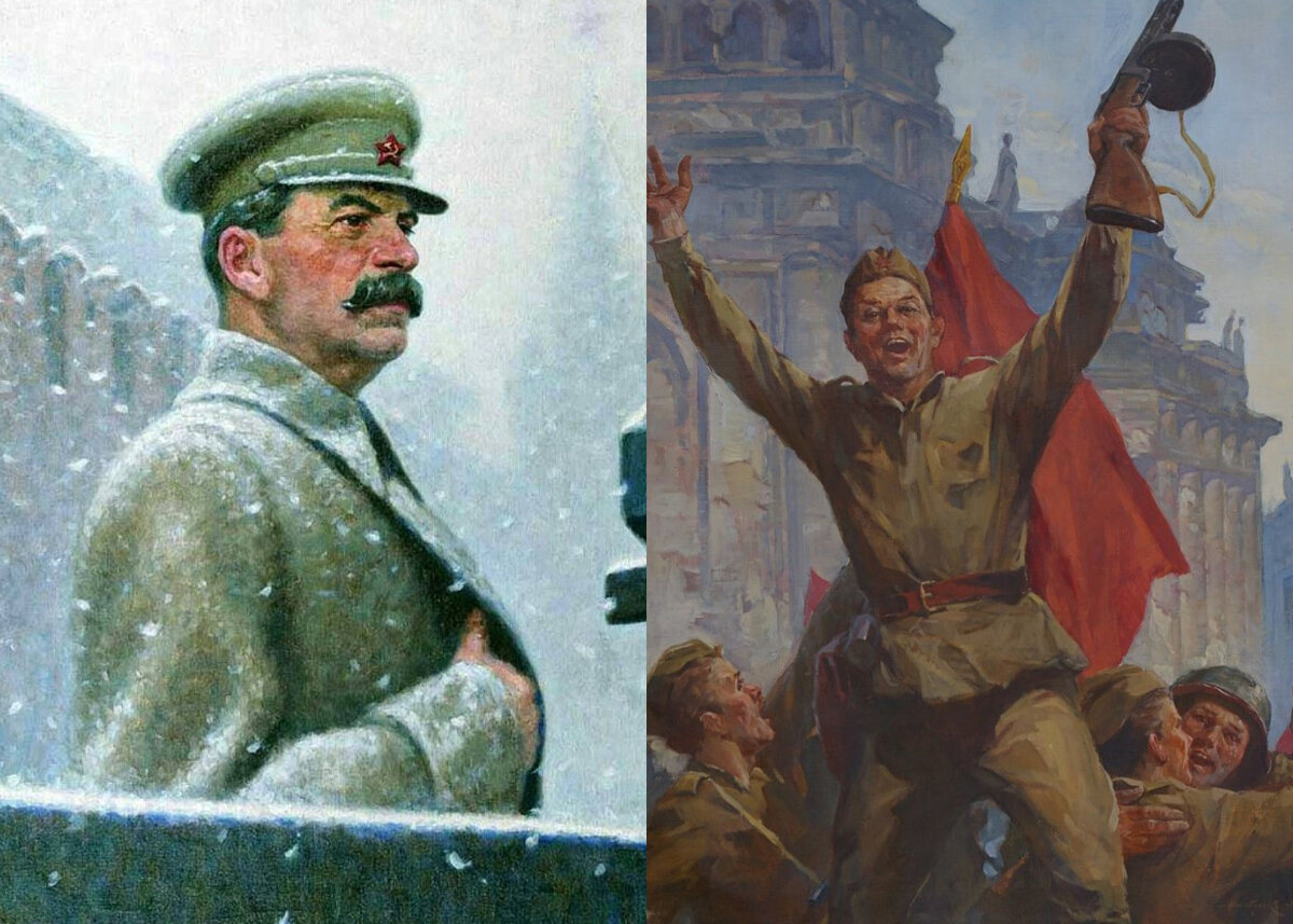 Слева: «Речь товарища Сталина 7 ноября 1941 года», художник — А. И. Лактионов. Справа: «Победа». Художник: Н. В. Нестеренко.