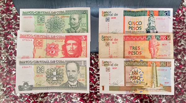 Both Cuban currencies. CUP on the left ($1 = 26 CUP) and the CUC on the right ($1 = 1 CUC).