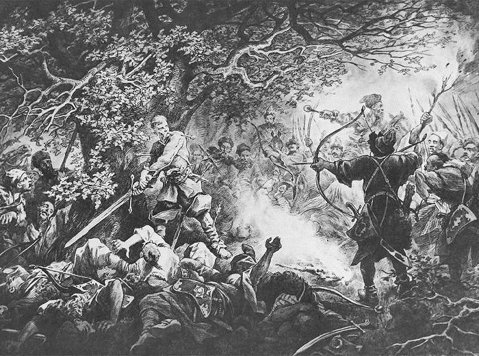 <br>Подбипятка один сражается против превосходящей силы противника. Иллюстрации к роману «Огнем и мечом» Юлиуша Коссака.