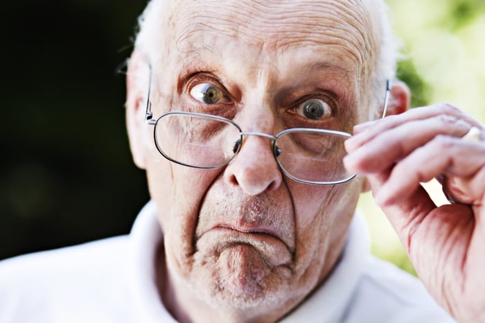 An elderly person is looking surprised and concerned. 