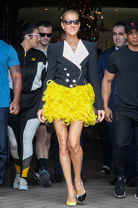 8 самых ярких выходов Селин Дион на Неделе моды в Париже: канареечная юбка, колье из "Титаника" и смелое боди Мода,Стиль звезд