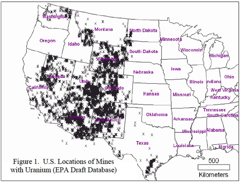 Карта расположением урановых рудников в США