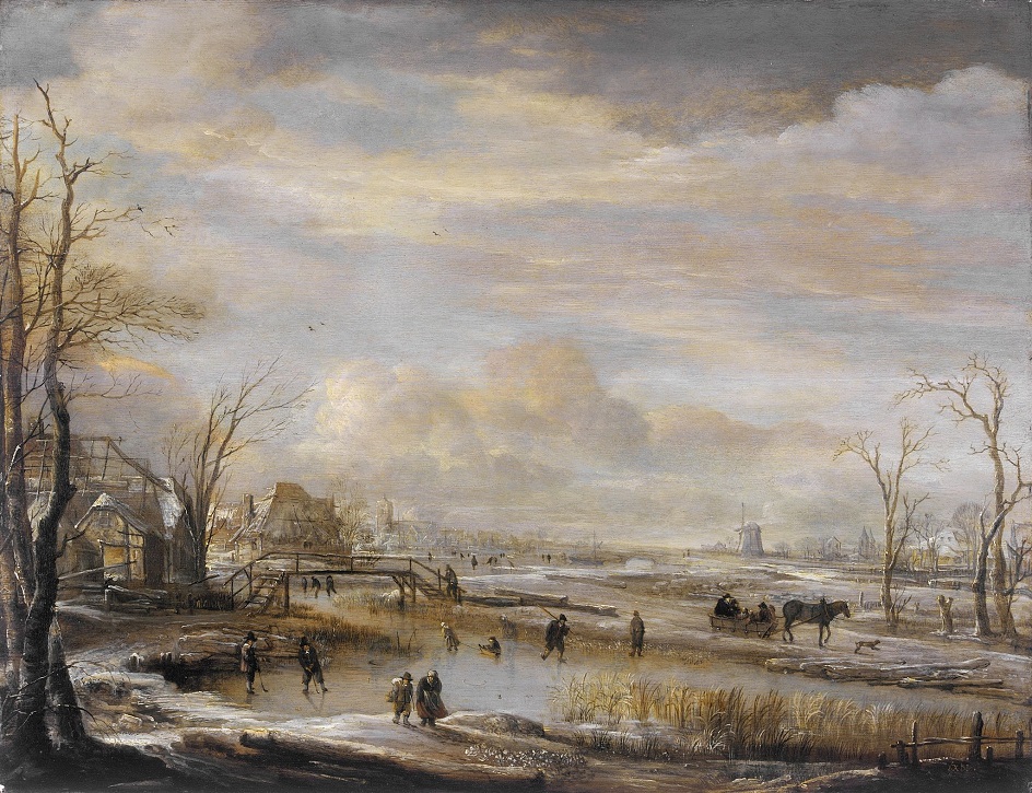 Небо на картинах известных художников. Арт ван дер Нер. «Замерзшая река с пешеходным мостом», 1660