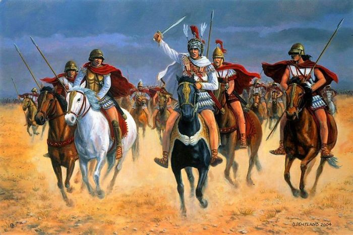 Македонский ведёт конницу в атаку.