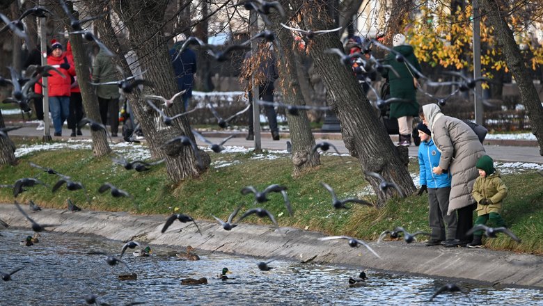 Женщина с двумя детьми кормит птиц на Чистопрудном бульваре в Москве