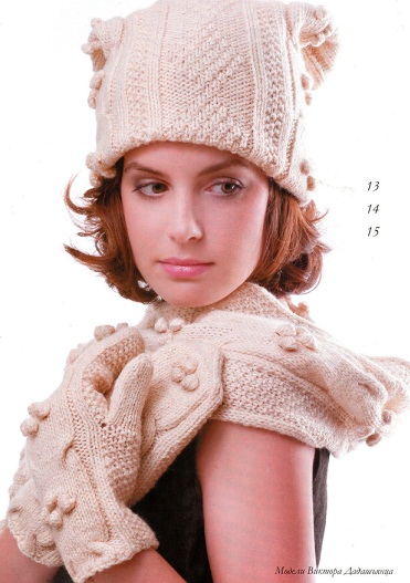 Шапка, варежки и шарф спицами