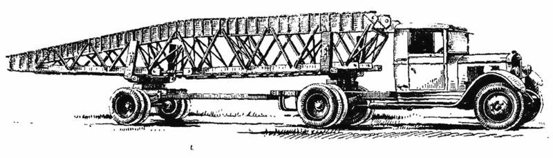 Эскиз седельного тягача ЗИС-5 с секцией металлического моста РММ-2 авто, автоистория, военная техника, история, переправа, понтон, понтонно-мостовая переправа