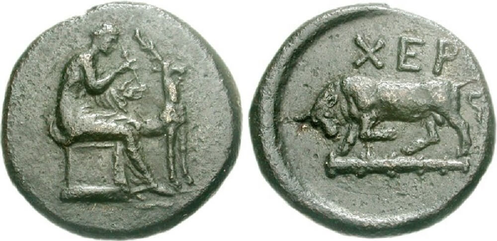Монета Херсонеса 390-370 год до н. э. Дихалк Дева (Артемида) с ланью, бык на палице.