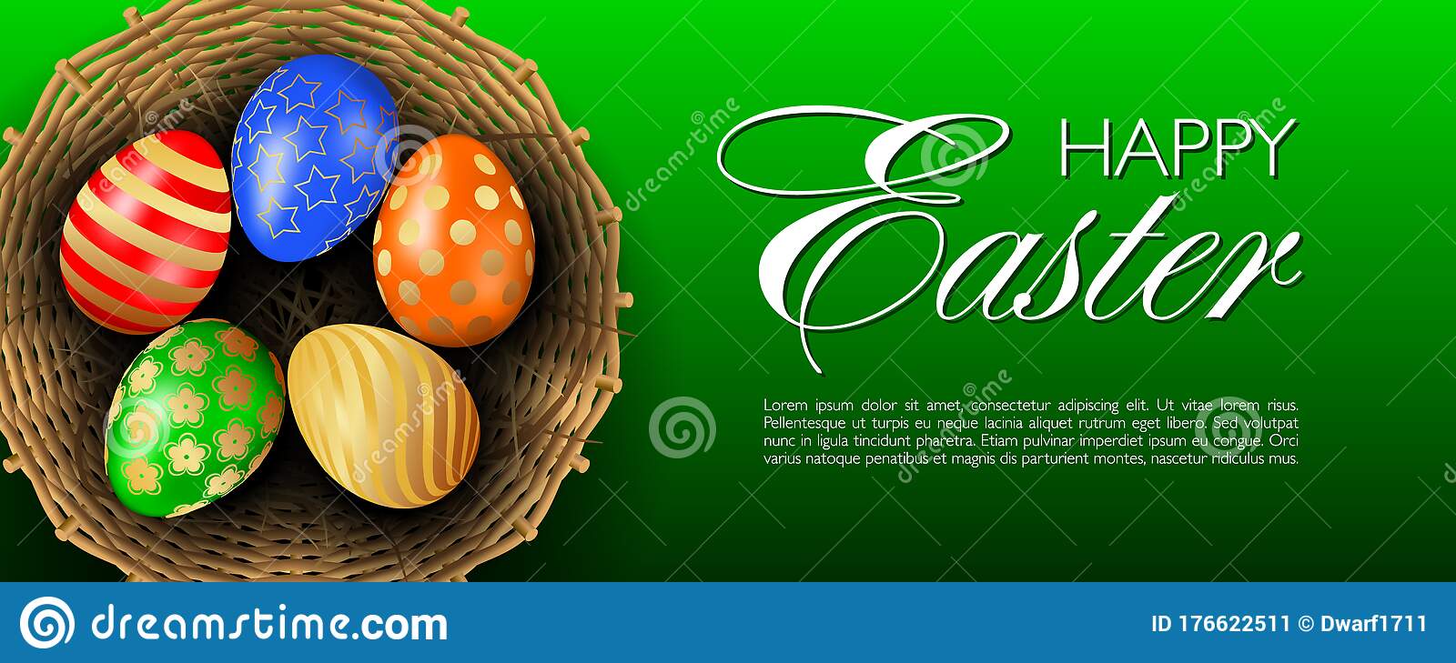 Happy Easter cute vector realistic greeting banner or website header with several multicolored 3D eggs in round wicker basket with hay on green background top view