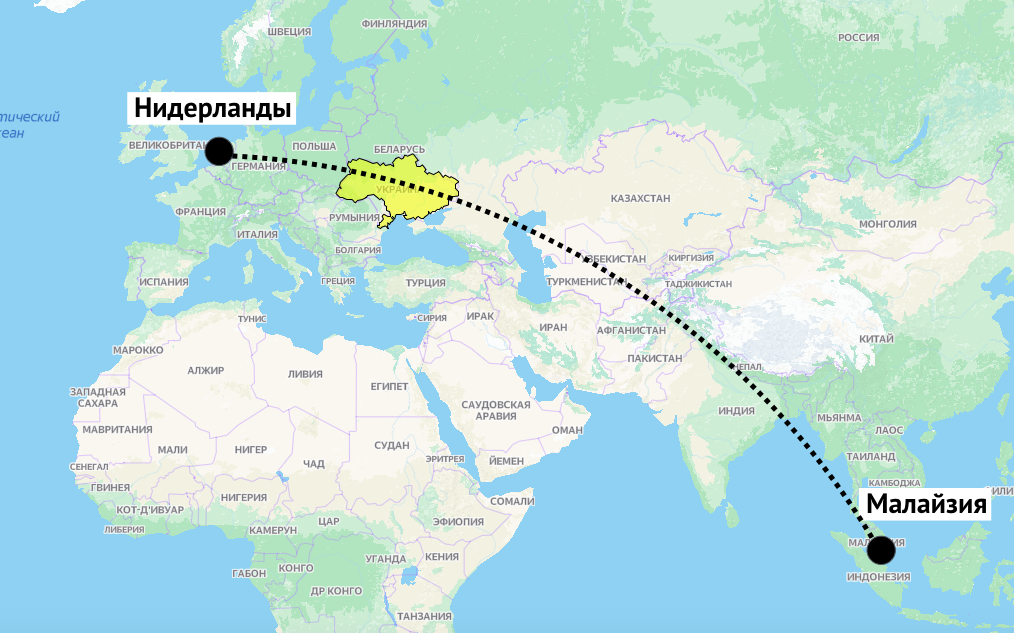 Как сбитый Боинг MH-17 вообще оказался над Донбассом, если прямой маршрут должен лежать на 1200 км южнее Украины