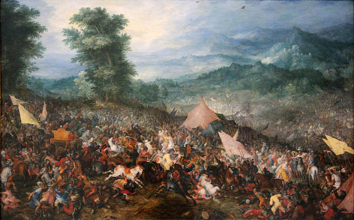 Битва при Гавгамелах, картина XVII века. Примечательно, что воины одеты в доспехи того же времени.