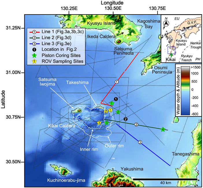 Рис. 5. Физическая карта поверхности суши и морского дна в районе кальдеры Кикай