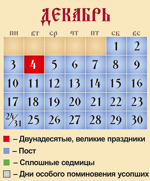 Церковный календарь на декабрь 2018 года