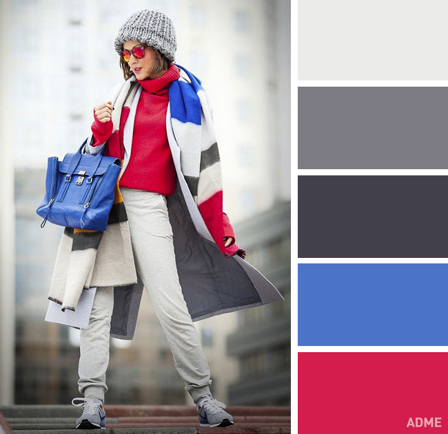 Цветовые сочетания в одежде на осень синий и красный