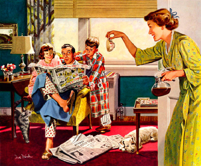 В рекламе пятидесятых взрослая женщина всё время обслуживает домашних, но при этом выглядит так, словно собралась в гости.