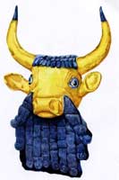 Золотая голова быка с инкрустацией. Украшение к арфе. Город Ур. Древний Шумер. Около XXVI в. до н.э.